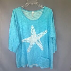Lulu B Top Womens 1X Blue Cotton Starfish Tunic Beach Resort Coastal Tee